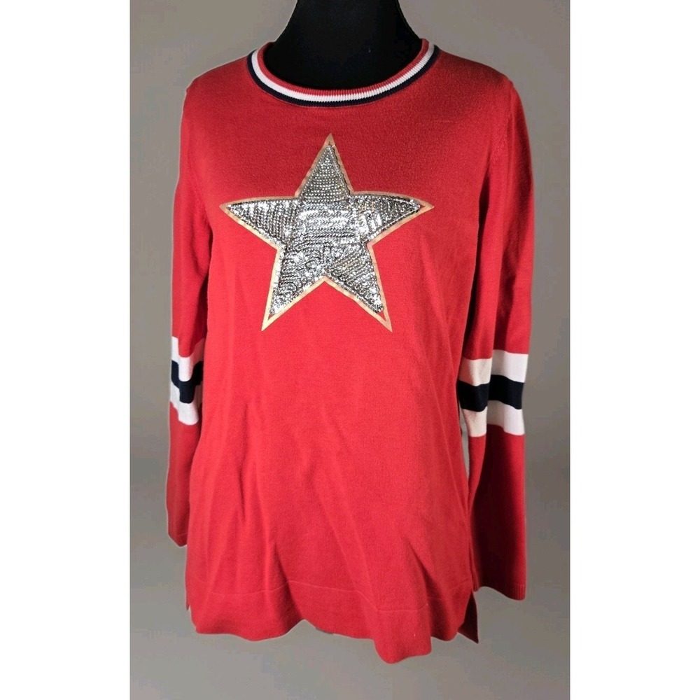 Crown & Ivy Red Top W/ Arm Stripes & Star Design  Sz M